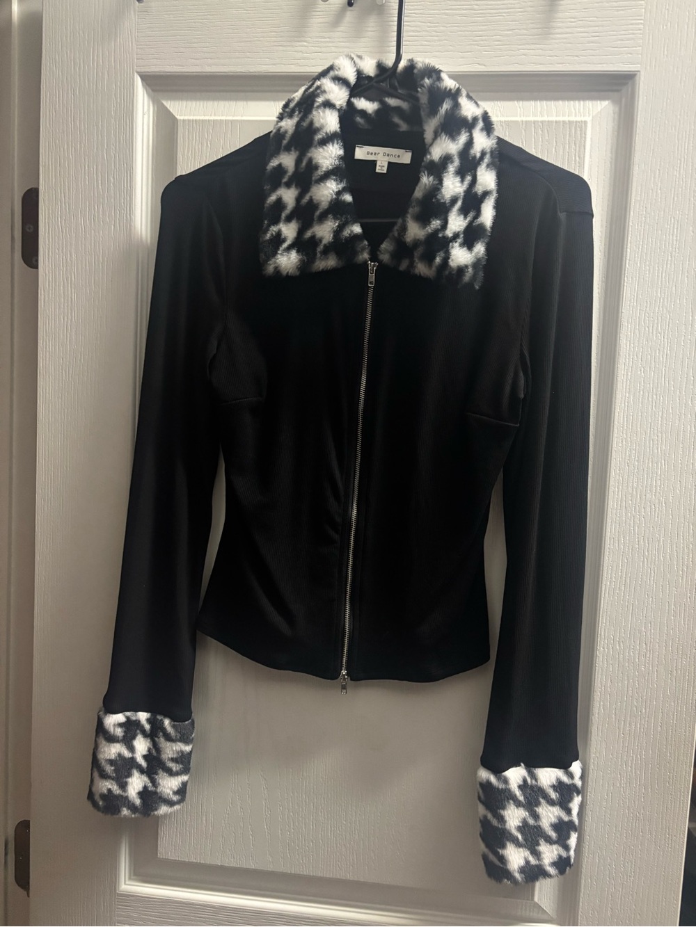 Bear Dance Black Jacket with Black & White Houndstooth Faux-Fur Trim